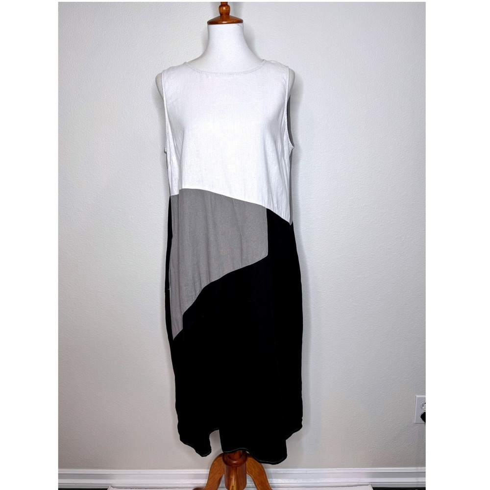 FOR CYNTHIA Linen Blend A-Line Dress LG Colorblock White Gray Black Lagenlook